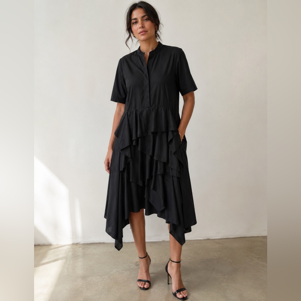 COS Black Tiered Shirt Dress Asymmetrical Ruffle Hem Minimalist Chic. Sz 8